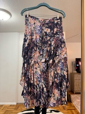 Auguste The Label Navy Floral Tiered Midi Skirt with Blush Accents